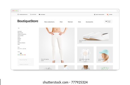Blank browser window mock up with fashion web store template isolated, 3d illustration. Clothing web page interface mockup. Empty internet site template. Website screen layout for computer display.