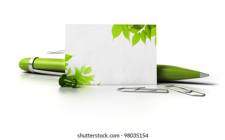 blank business card with leaves at the corner, ballpoint pen thumbtack and paperclips over a white background with reflection - Powered by Shutterstock