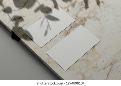 Blank Business Card Mockup On A Marble Stone With Shadow Overlay, 3D Render