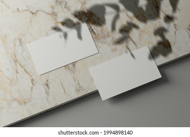 Blank Business Card Mockup On A Marble Stone With Shadow Overlay, 3D Render