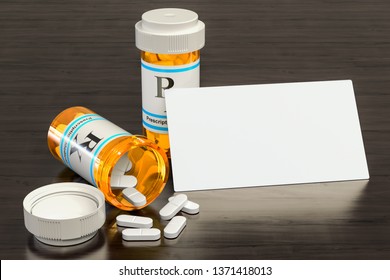 Blank business card for pharmaceutical company or pharmacy on the wooden desk background. 3D rendering