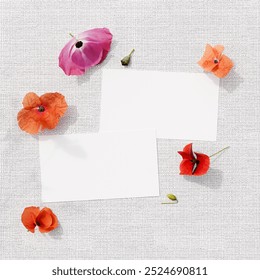 Blank business cards surrounded by vibrant flower petals on a textured background, ideal for floral-themed business or branding mockups. - Powered by Shutterstock