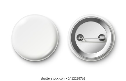 Blank Button Badge. White Pinback Badges, Pin Button And Pinned Back. Round Metal Buttons Or Glossy Circle Plastic 3D Pin. Realistic Isolated  Mockup
