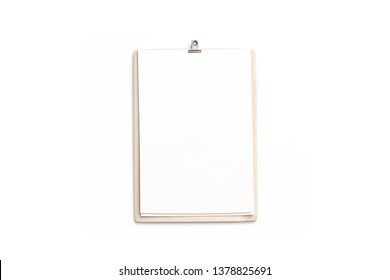 Blank Cafe Menu, Wooden Board Mockup, A4, Top View, 3d Rendering. Empty Wooden Clipboard With Paper Sheet Mock Up Isolated. Clear Restaurant Or Bar White Carte Template.