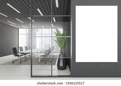 Blank Canvas Copy Space Near Business Room With Black Armchairs And Table, Grey Carpet On White Parquet Floor. Meeting Room Entrance, 3D Rendering No People