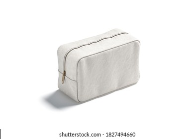 Blank Canvas Cosmetic Bag Mockup, Side View, 3d Rendering. Empty Linen Or Fabric Zipper Pouch For Beauty Accessory Mock Up, Isolated. Clear Cosmetics Container For Female Makeup Template.