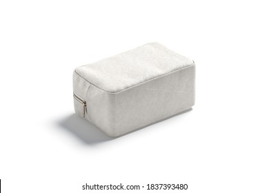 Blank Canvas Cosmetic Bag Mockup Lying, Side View, 3d Rendering. Empty Linen Clutch Or Container For Care Toiletry Mock Up, Isolated. Clear Beige Closed Pouch With Make-up Cosmetics Template.