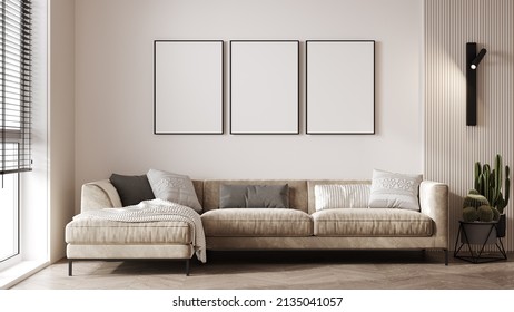 Blank Canvas Mock Up In Modern Living Room Interior With Beige Sofa, Wooden Floor, Wall Panel And Cactus, 3d Rendering