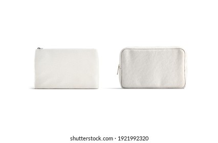 Blank Canvas Pouch And Cosmetic Bag Mockup, Front View, 3d Rendering. Empty Fabric Or Linen Purse For Toiletry Storage Mock Up, Isolated. Clear Female Container For Makeup Template.