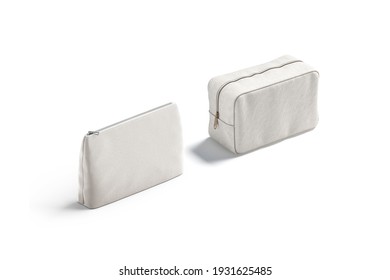 Blank Canvas Pouch And Cosmetic Bag Mock Up, View View, 3d Rendering. Empty Cloth Fastener Cluth Or Purse For Tote Mockup, Isolated. Clear Storage Cosmetician For Female Beauty Template.