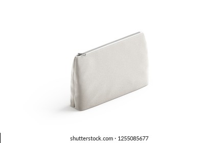 Blank Canvas Pouch For Cosmetics Mock Up, Isolated, 3d Rendering. Empty Linen Beautician Bag With Zip Mockup, Side View. Clear Cotton Woman Purse For Makeup Template.