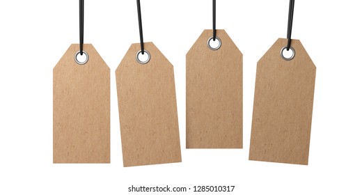 Blank Cardboard Kraft Paper Gift Tags, Isolated Cutout On White Background. 3d Illustration