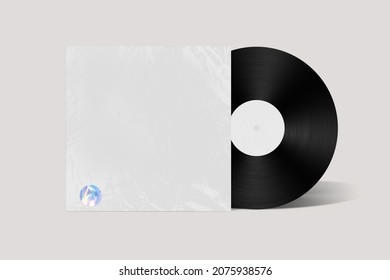 Blank CD Vinyl And Cover Mockup Package Envelope Template Mock Up With Transparent Plastic Wrap Texture Overlay Effect. 3D Illustration 
