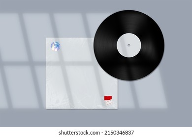 Blank CD Vinyl And Cover Mockup Package Envelope Template Mock Up With Transparent Plastic Wrap Texture Overlay Effect. 3D Rendering
