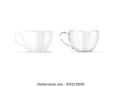 Blank ceramic and glass 7 oz tea mug mockup, front view, 3d rendering. Empty crystal tankard for morning teatime mock up, isolated. Clear ceramics british teacup for aroma drink template.