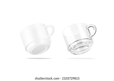 Blank ceramic and glass 8 oz mug mockup, no gravity, 3d rendering. Empty round teacup for cafe or coffeeshop breakfast mock up, isolated. Clear transparent and porcelain restaurant utensil template.