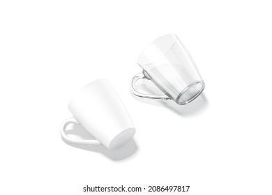 Blank Ceramic And Glass Henley Mug Mockup Bottom Lying, Isolated, 3d Rendering. Empty Acrylic 8 Oz Cup For Morning Tea Mock Up, Side View. Clear Dunoon Teacup With Handle Template.