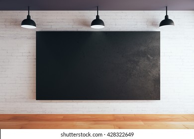 Blank chalboard on brick wall in room with wooden floor and ceiling with lamps. Mock up, 3D Rendering