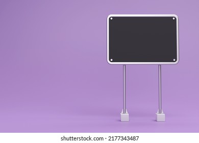 Blank Chalk Board Street Stand Mockup On Purple Background. Two Steel Column With Blank Black Billboard. Signboard With Silver Metal Frame Template. 3d Rendering.