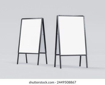 Blank chalk board street stand mockup. Isolated pavement menu rack with material frame template for cafe or restaurant welcome easel. 3D rendering
