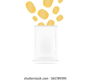 Blank Chips Bag Mock Up Isolated. Clear White Potato Chip Pack Mockup. Crackers, Crisps Flying Supermarket Foil Plastic Container Ready For Logo Design Or Identity Presentation.