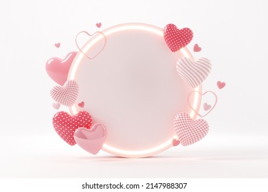 Blank Circle With Hearts On White Background For Happy Women's, Mother's, Valentine's Day, Birthday, Copy Space, 3d Render