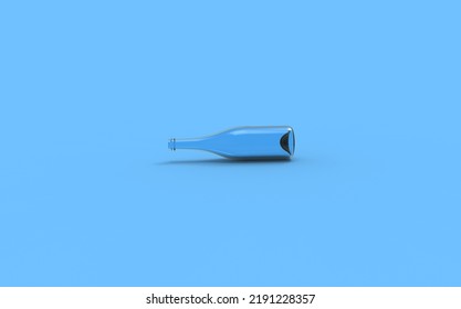 Blank Clear Glass Beer Bottle, 3d Rendering. Empty Opened Water Or Soda Pack, Isolated, Front View. Blue Background.