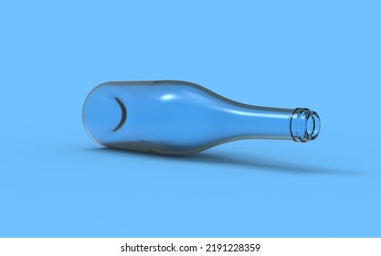 Blank Clear Glass Beer Bottle, 3d Rendering. Empty Opened Water Or Soda Pack, Isolated, Front View. Blue Background.