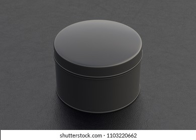 Blank Closed Black Round Tin Container Box On Black Leather Background. Package Mockup With Clipping Path Around Container. 3d Illustration