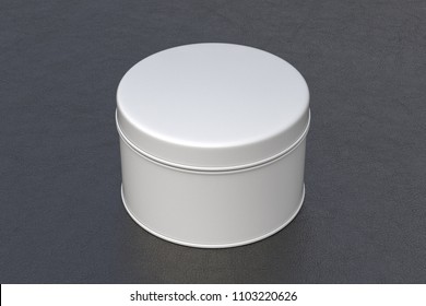 Blank Closed White Round Tin Container Box On Black Leather Background. Package Mockup With Clipping Path Around Container. 3d Illustration