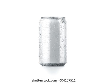 Blank Cold Aluminium Beer Can Mockup With Drops, 330 Ml, 3d Rendering. Empty Fresh Soda Tin Packing Mock Up With Condensate, Isolated On White. Canned Dripping Drink Template. Cool Fizzy Pop Package.