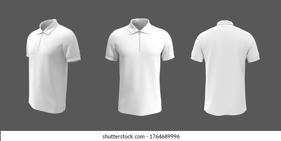 Blank Collared Shirt With Half Zip Mockup Template, Front, Side And Back Views, 3d Rendering, 3d Illustration