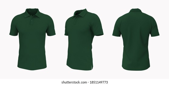 Blank Collared Shirt Mock Up In Front, Side And Back Views, Tee Design Presentation For Print, 3d Rendering, 3d Illustration