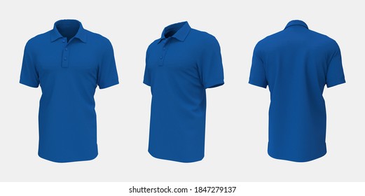 Blank collared shirt mockup, front, side and back views, plain t-shirt mockup, tee design presentation for print, 3d rendering, 3d illustration