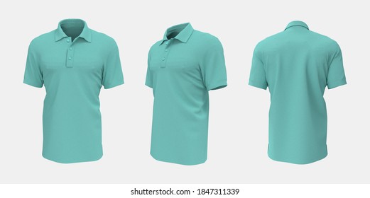 Blank collared shirt mockup, front, side and back views, plain t-shirt mockup, tee design presentation for print, 3d rendering, 3d illustration