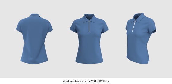 Blank Collared Shirt Mockup, Front, Side And Back Views, Tee Design Presentation For Print, 3d Rendering, 3d Illustration