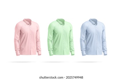 Blank Colore Classic Shirt Mockup Set, Side View, 3d Rendering. Empty Pink, Green And Blue Classy Male Apparel Mock Up, Isolated. Clear Fabric Long T-shirt With Sleeve For Formal Template.