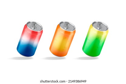 Blank Colored Aluminum 330 Ml Soda Can Mockup, No Gravity, 3d Rendering. Empty Metallic Pot For Canned Drink Mock Up, Isolated. Clear Jar With Ring Pull For Sweet Lemonade Template.