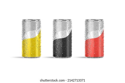 Blank Colored Aluminum Narrow 280 Ml Soda Can Mockup, Front View, 3d Rendering. Empty Yellow, Black And Red Metallic Wet Jar With Tonic Mock Up, Isolated. Clear Cold Carbonated Drink Tin Template.