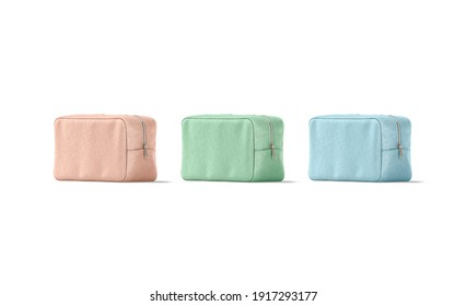 Blank Colored Canvas Cosmetic Bag Mockup, Half-turned View, 3d Rendering. Empty Pink, Green And Blue Women Cosmetician Mock Up, Isolated. Clear Toiletry Clutch For Accessories Template.