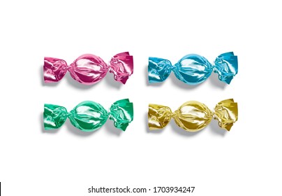 Blank Colored Hard Candy Foil Wrapper Mockup, Top View, 3d Rendering. Empty Fruit Gumdrop In Swirl Cellophane Pack Mock Up, Isolated. Clear Wrapped For Sweety Dragee Or Caramel Mokcup Template.