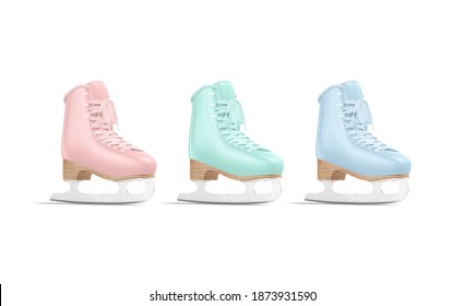 Blank Colored Ice Skates With Blade And Lace Mockup, Isolated, 3d Rendering. Empty Pink, Green, Blue Ice Skating Equipment Mock Up, Side View. Clear Female Figure Skate Footwear Template.