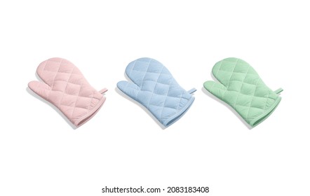 Blank Colored Oven Mitt Mock Up Front, Side View, 3d Rendering. Empty Pink, Blue And Green Neoprene Mitten For Hot Cooking Mockup, Isolated. Clear Fabric Oven-glove For Hand Safety Template.