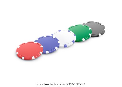 Blank Colored Plastic Round Chip Mockup Lying Row, Side View, 3d Rendering. Empty Gamble Or Parlay Token For Blackjack Mock Up, Isolated. Clear Cash Chips For Vegas Jackpot Or Poker. 3D Illustration