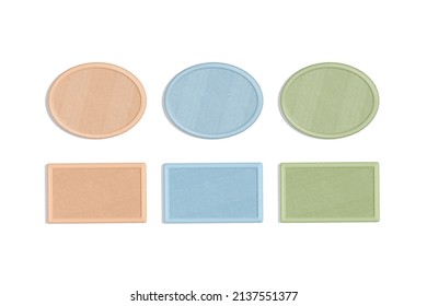 Blank Colored Round And Rectangular Embroidered Patch Mockup, Top View, 3d Rendering. Empty Pink, Blue And Green Circle And Rectangle Onlay Mock Up, Isolated. Clear Decoration Attachment Template.