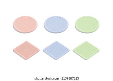 Blank Colored Round And Square Embroidered Patch Mockup, Top View, 3d Rendering. Empty Pink, Green And Blue Onlay Element Mock Up, Isolated. Clear Stitches Rhombus And Circle Symbol Template.