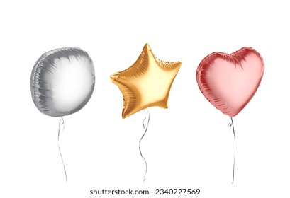 Blank colored round, star, heart balloon flying mockup, side view, 3d rendering. Empty silver, gold and red helium gift ball with ribbon mock up, isolated. Clear inflatable foil. 3D Illustration