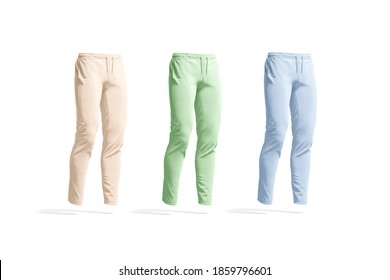 Blank Colored Sport Pants Mockup Set, Side View, 3d Rendering. Empty Sporty Sweatpants For Gym Or Jogging Mock Up, Isolated. Clear Pink, Green And Blue Gym Breeches Template.