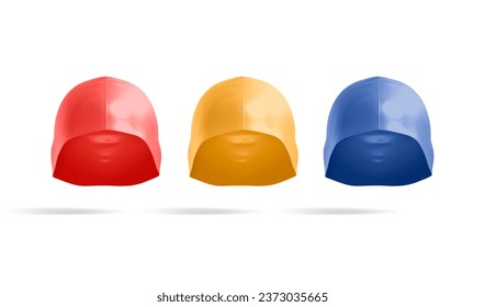 Blank colored sport swim cap mockup, front view, no gravity, 3d rendering. Empty red, orange and blue waterproof rubber hat mock up, isolated. Clear sportive head swimwear for pool template. - Powered by Shutterstock