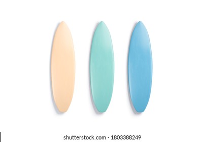 Blank Colored Surfboard Mockup Set, Top View, 3d Rendering. Empty Colour Kitesurfing Or Surf-riding Longboard Mock Up, Isolated. Clear Watersports Deck For Surfriding Template.